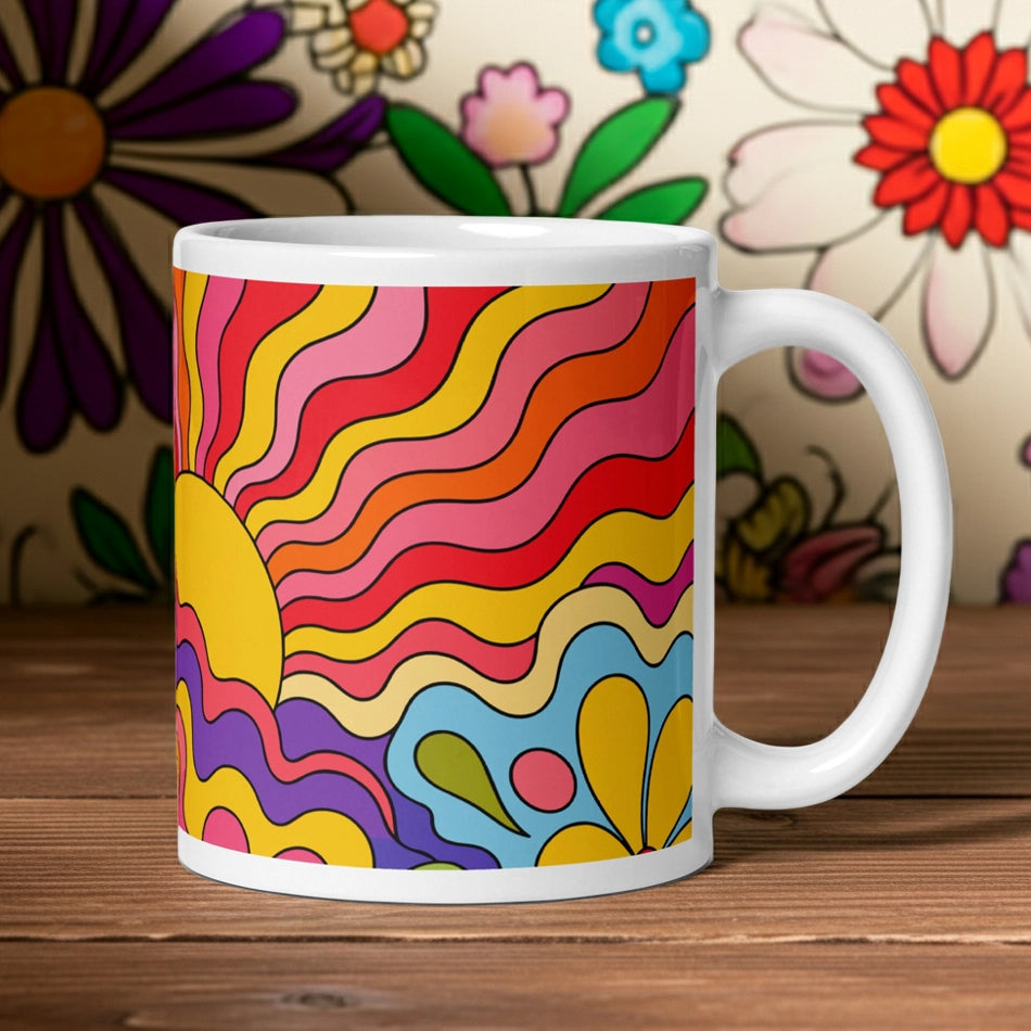 Vibrant 1970s psychedelic ceramic mug featuring a wavy retro sunburst sunset surrounded by colorful groovy flowers.