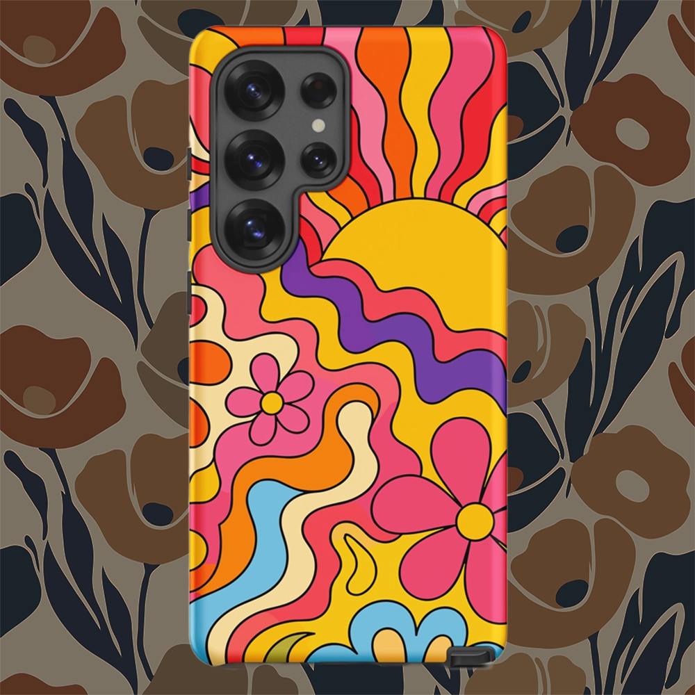 Vibrant 1970s psychedelic Samsung case featuring a wavy retro sunburst sunset surrounded by colorful groovy flowers.