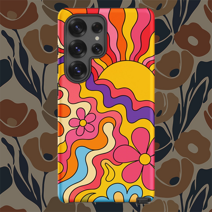 Vibrant 1970s psychedelic Samsung case featuring a wavy retro sunburst sunset surrounded by colorful groovy flowers.