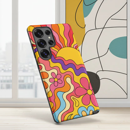 Vibrant 1970s psychedelic Samsung case featuring a wavy retro sunburst sunset surrounded by colorful groovy flowers.