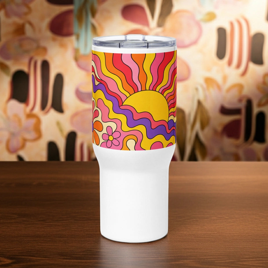 Vibrant 1970s psychedelic travel tumbler with a wavy retro sunburst sunset surrounded by colorful groovy flowers.