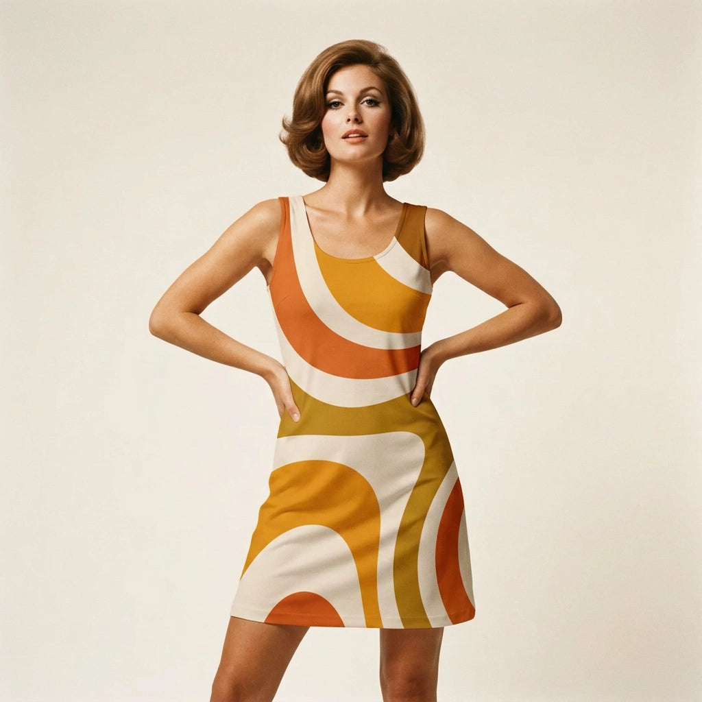Retro 70s wavy swirl pattern in orange, mustard, and cream printed on a fitted bodycon dress by Far Out Goods.