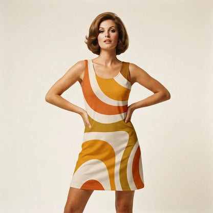 Retro 70s wavy swirl pattern in orange, mustard, and cream printed on a fitted bodycon dress by Far Out Goods.