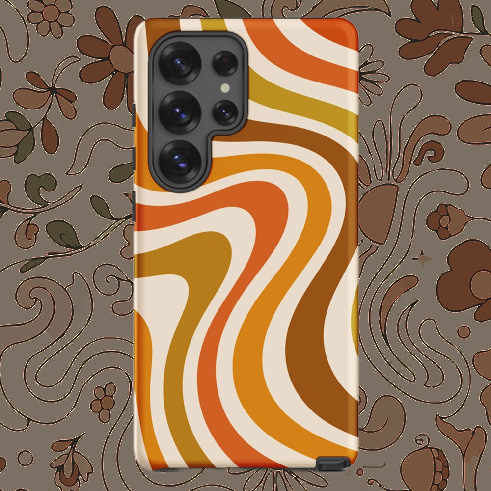 Retro 70s groovy wavy pattern in orange, mustard, brown, and cream printed on a flexible TPU Samsung protective case.