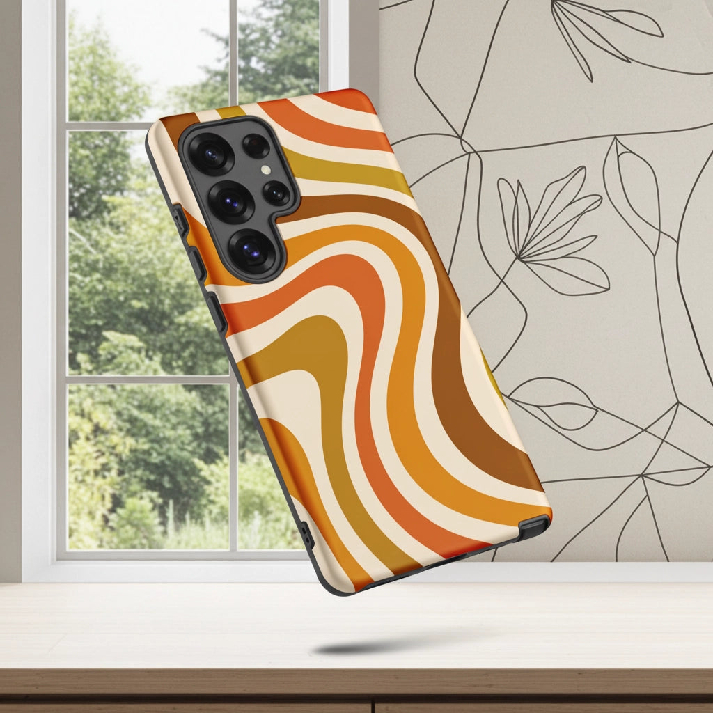 Retro 70s groovy wavy pattern in orange, mustard, brown, and cream printed on a flexible TPU Samsung protective case.