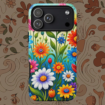 Vibrant retro flower power design featuring colorful daisies, blue, orange, and purple psychedelic boho garden artwork.