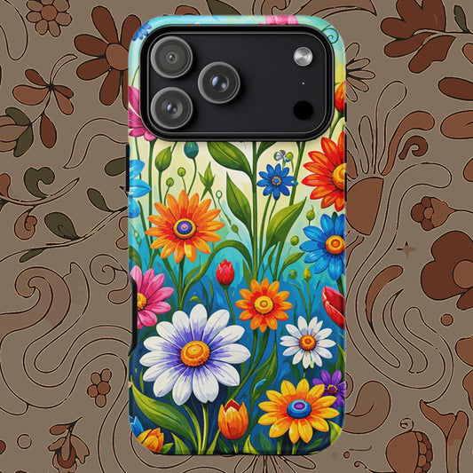 Vibrant retro flower power design featuring colorful daisies, blue, orange, and purple psychedelic boho garden artwork.