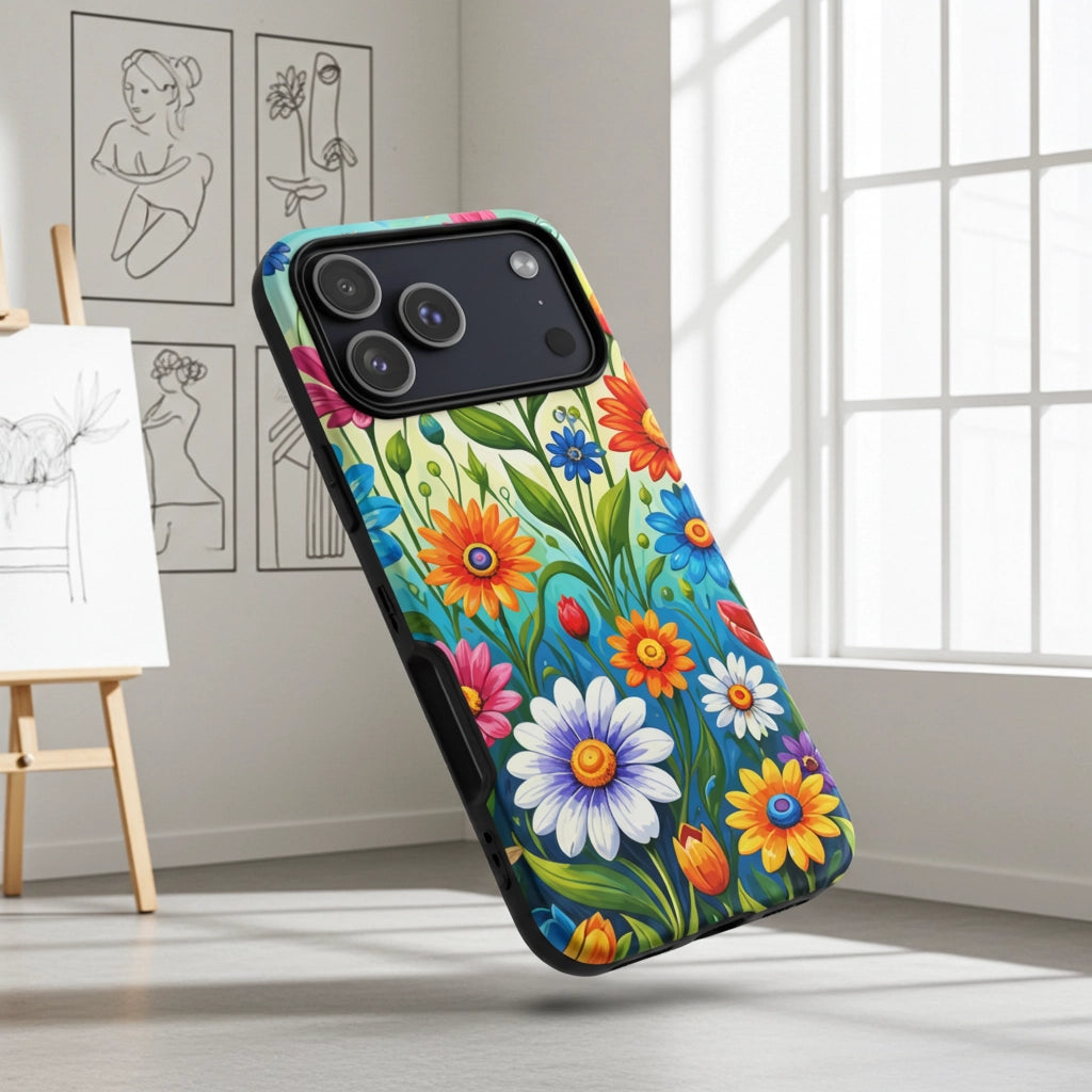 Vibrant retro flower power design featuring colorful daisies, blue, orange, and purple psychedelic boho garden artwork.