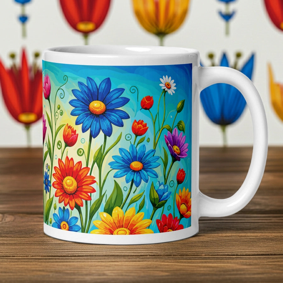 Vibrant retro flower power ceramic mug featuring a colorful field of psychedelic 1960s style wildflowers and daisies.