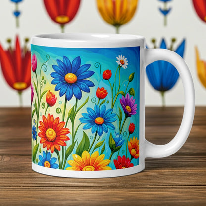 Vibrant retro flower power ceramic mug featuring a colorful field of psychedelic 1960s style wildflowers and daisies.