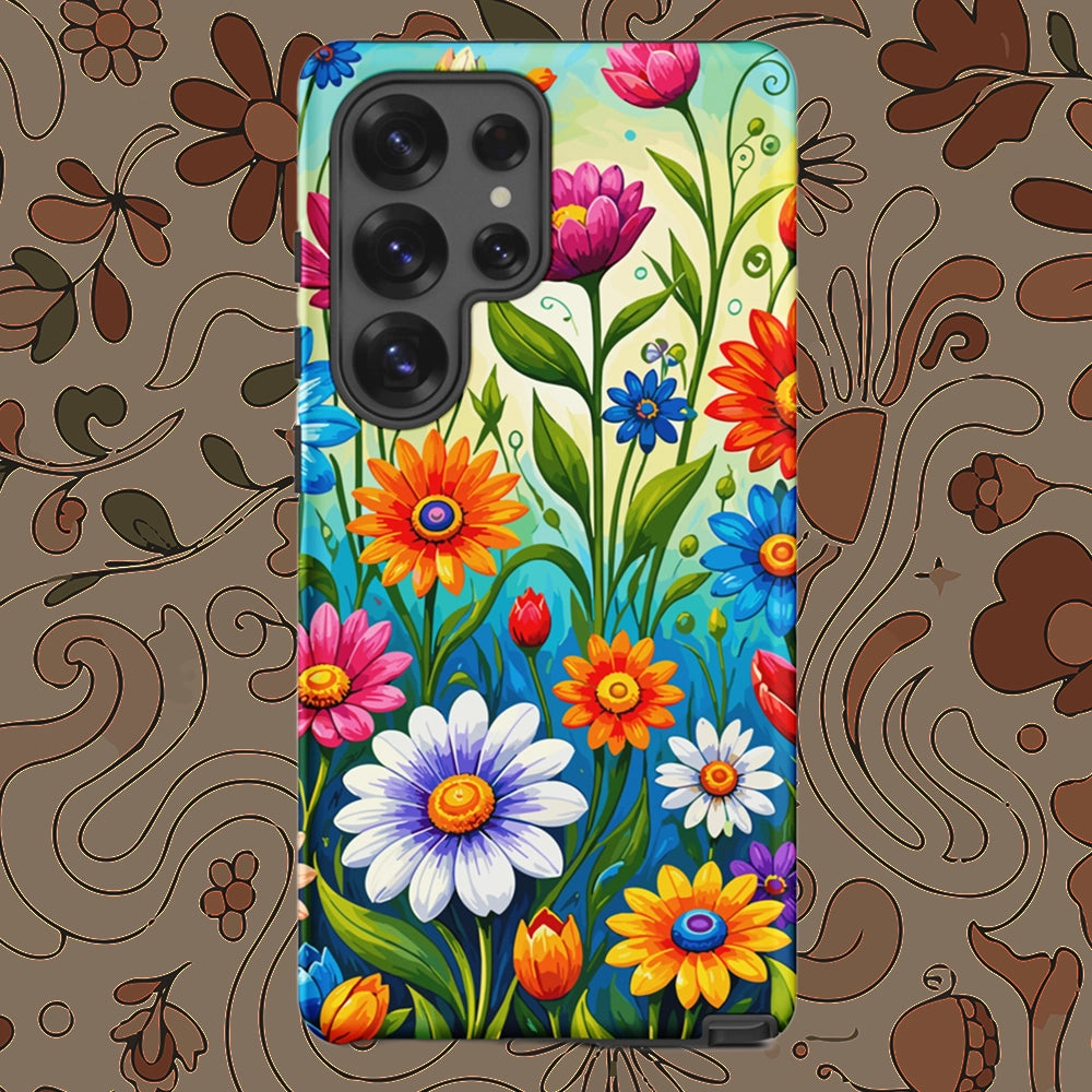 Vibrant retro flower power design featuring colorful daisies, blue, orange, and purple psychedelic boho garden artwork.