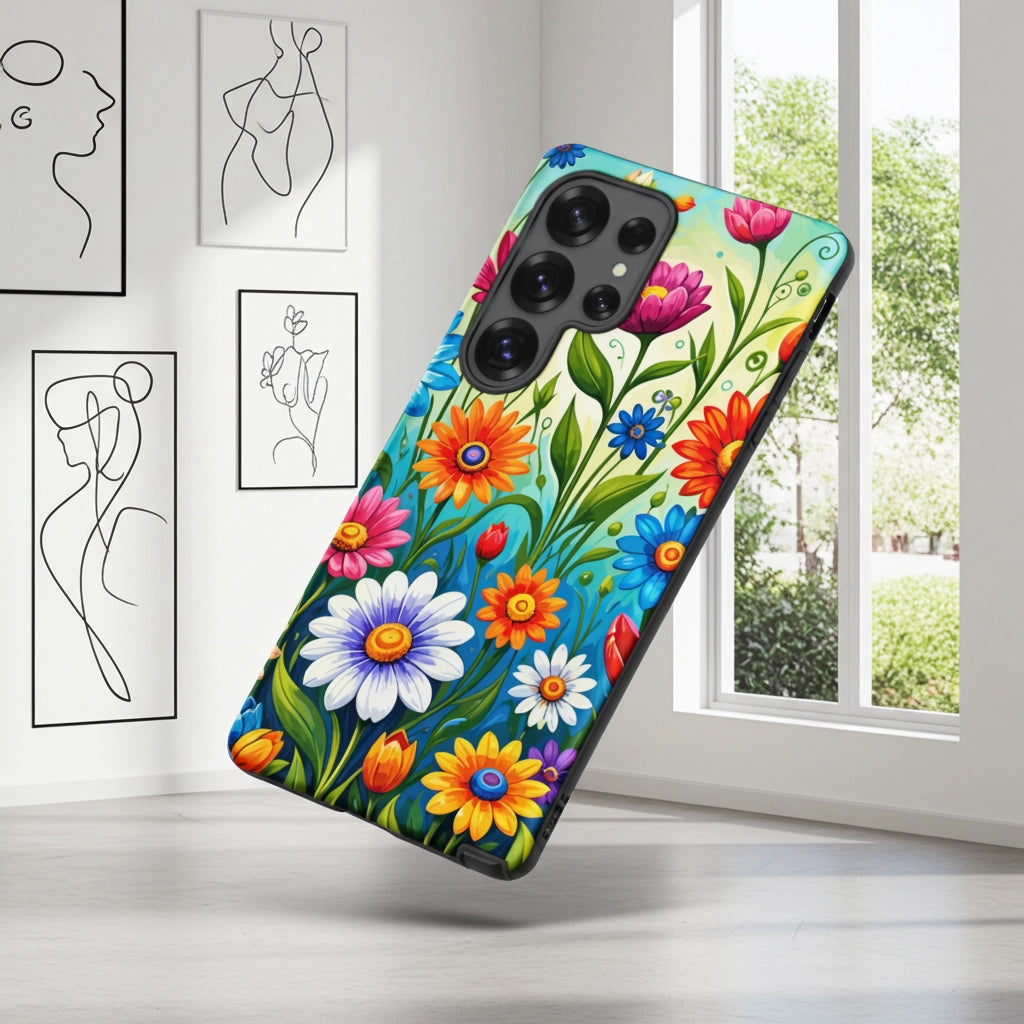 Vibrant retro flower power design featuring colorful daisies, blue, orange, and purple psychedelic boho garden artwork.