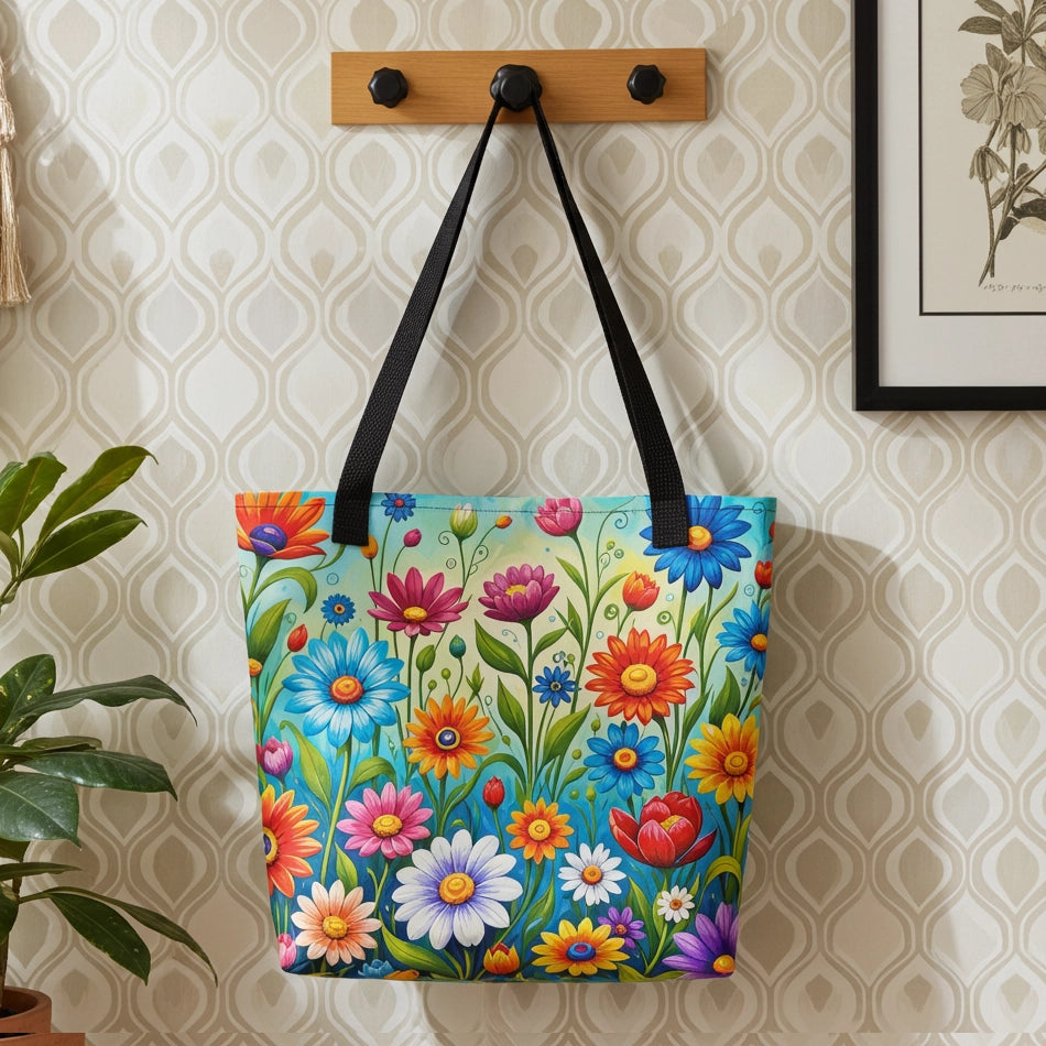Vibrant retro flower power design featuring colorful daisies, blue, orange, and purple psychedelic boho garden artwork.