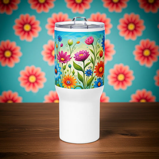 Vibrant retro flower power design featuring colorful daisies, blue, orange, and purple psychedelic boho garden artwork.