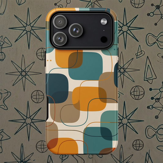 Retro geometric TPU iPhone case featuring mid-century rounded squares and lines in teal, mustard yellow, and orange.