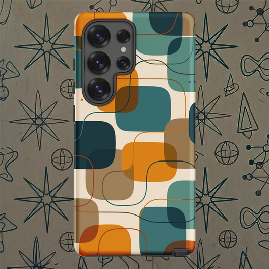 Retro geometric TPU Samsung Galaxy case featuring mid-century rounded squares and lines in teal, mustard yellow, and orange.