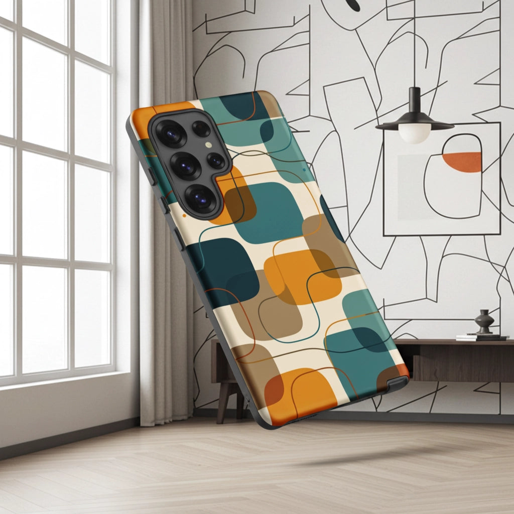 Retro geometric TPU Samsung Galaxy case featuring mid-century rounded squares and lines in teal, mustard yellow, and orange.