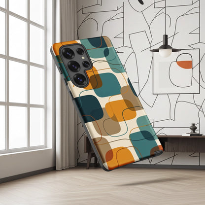 Retro geometric TPU Samsung Galaxy case featuring mid-century rounded squares and lines in teal, mustard yellow, and orange.