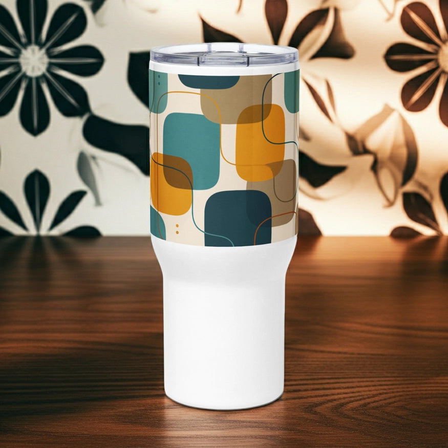 Retro geometric stainless steel tumbler featuring mid-century rounded squares and lines in teal, mustard yellow, and orange.