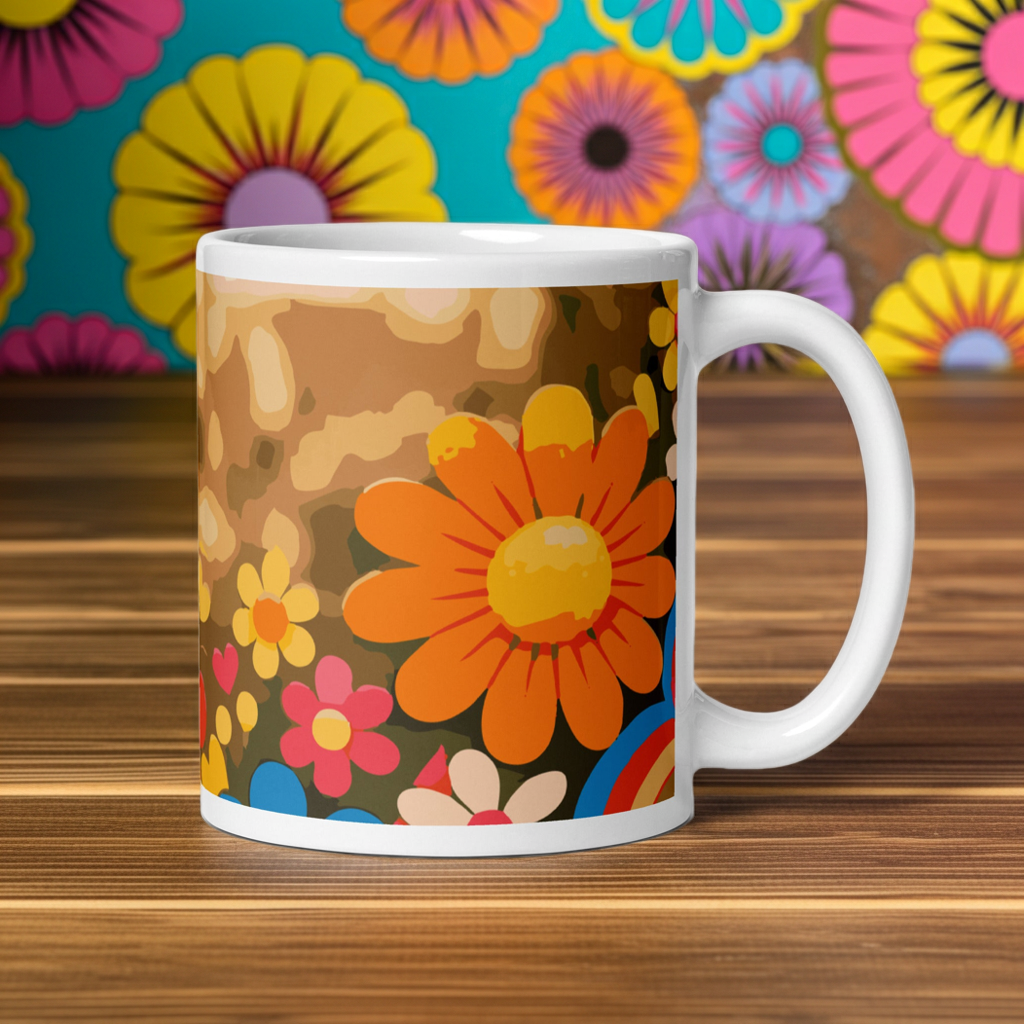 White glossy ceramic coffee mug featuring a retro 70s boho floral pattern with stylized blossoms in muted mustard, terracotta, and sage green.