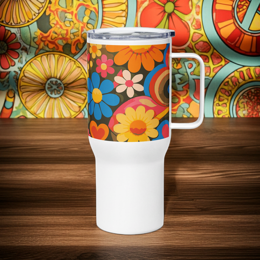 Insulated travel mug with handle featuring a 70s boho peace sign filled with earthy floral patterns in muted orange, sage green, and cream.
