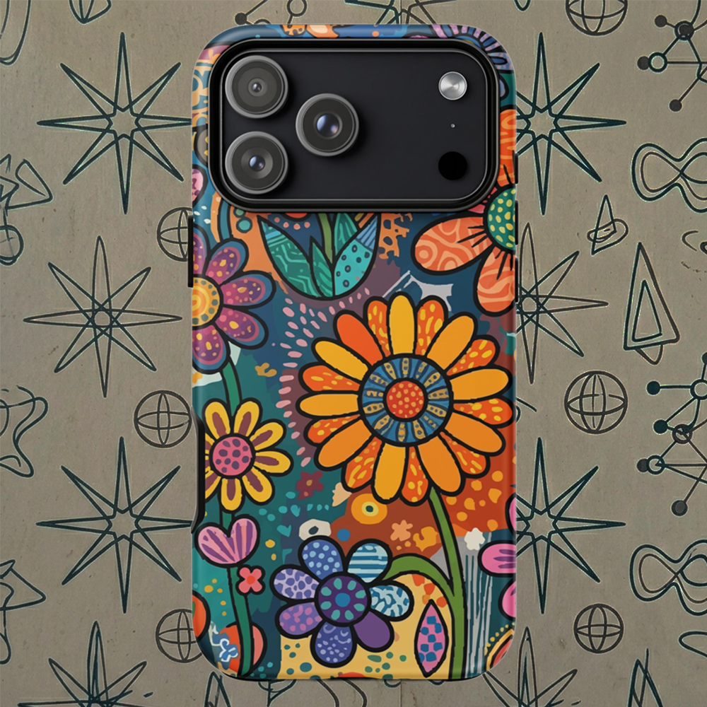 Retro psychedelic TPU iPhone case featuring colorful 60s flower power patterns, vibrant hearts, and boho doodle art.