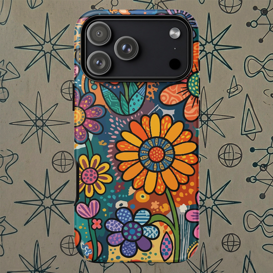 Retro psychedelic TPU iPhone case featuring colorful 60s flower power patterns, vibrant hearts, and boho doodle art.