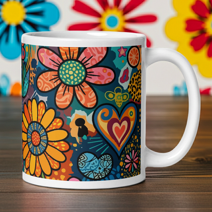 Vibrant retro psychedelic ceramic mug featuring colorful 60s flower power doodles and patterned hearts art.