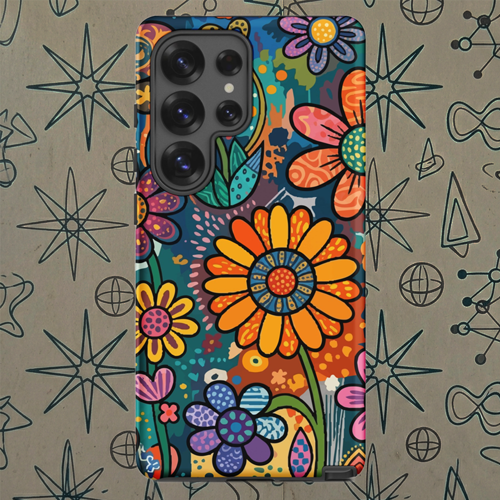 Retro psychedelic TPU Samsung case featuring colorful 60s flower power patterns, vibrant hearts, and boho doodle art.