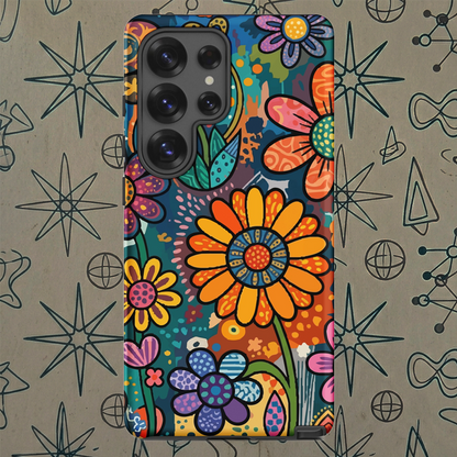 Retro psychedelic TPU Samsung case featuring colorful 60s flower power patterns, vibrant hearts, and boho doodle art.