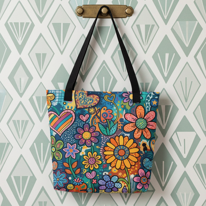 Retro psychedelic polyester tote bag featuring vibrant 60s flower power graphics, colorful hearts, and boho doodle art.