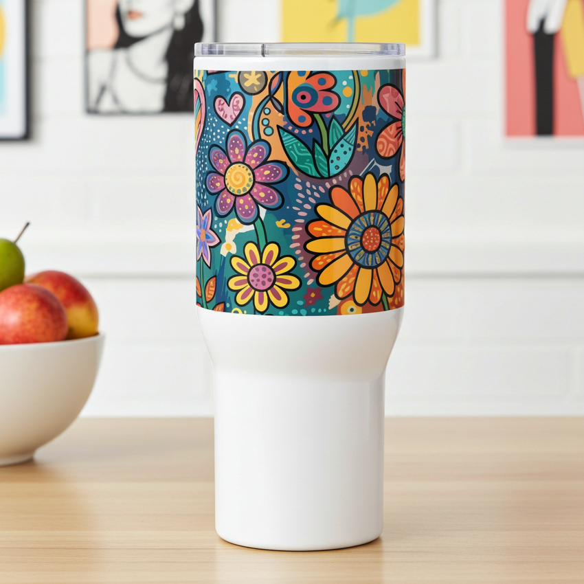 Retro psychedelic stainless steel travel tumbler featuring colorful 60s flower power patterns and doodle art.