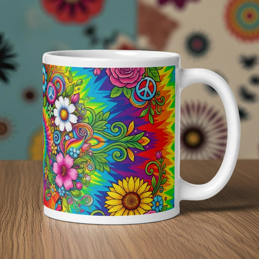 Psychedelic tie dye ceramic mug with vibrant rainbow swirls, peace signs, retro sunflowers, daisies, and butterflies.