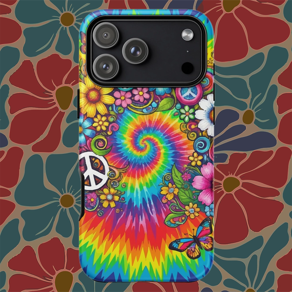 Vibrant psychedelic tie dye TPU iPhone case featuring retro floral patterns, butterflies, and white peace signs.
