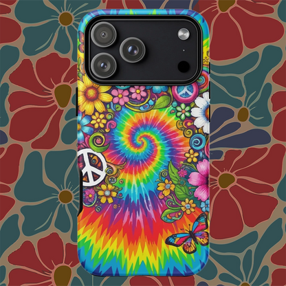 Vibrant psychedelic tie dye TPU iPhone case featuring retro floral patterns, butterflies, and white peace signs.