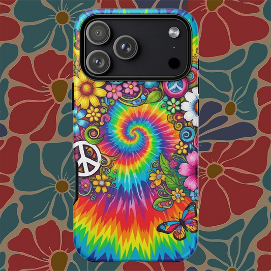 Vibrant psychedelic tie dye TPU iPhone case featuring retro floral patterns, butterflies, and white peace signs.