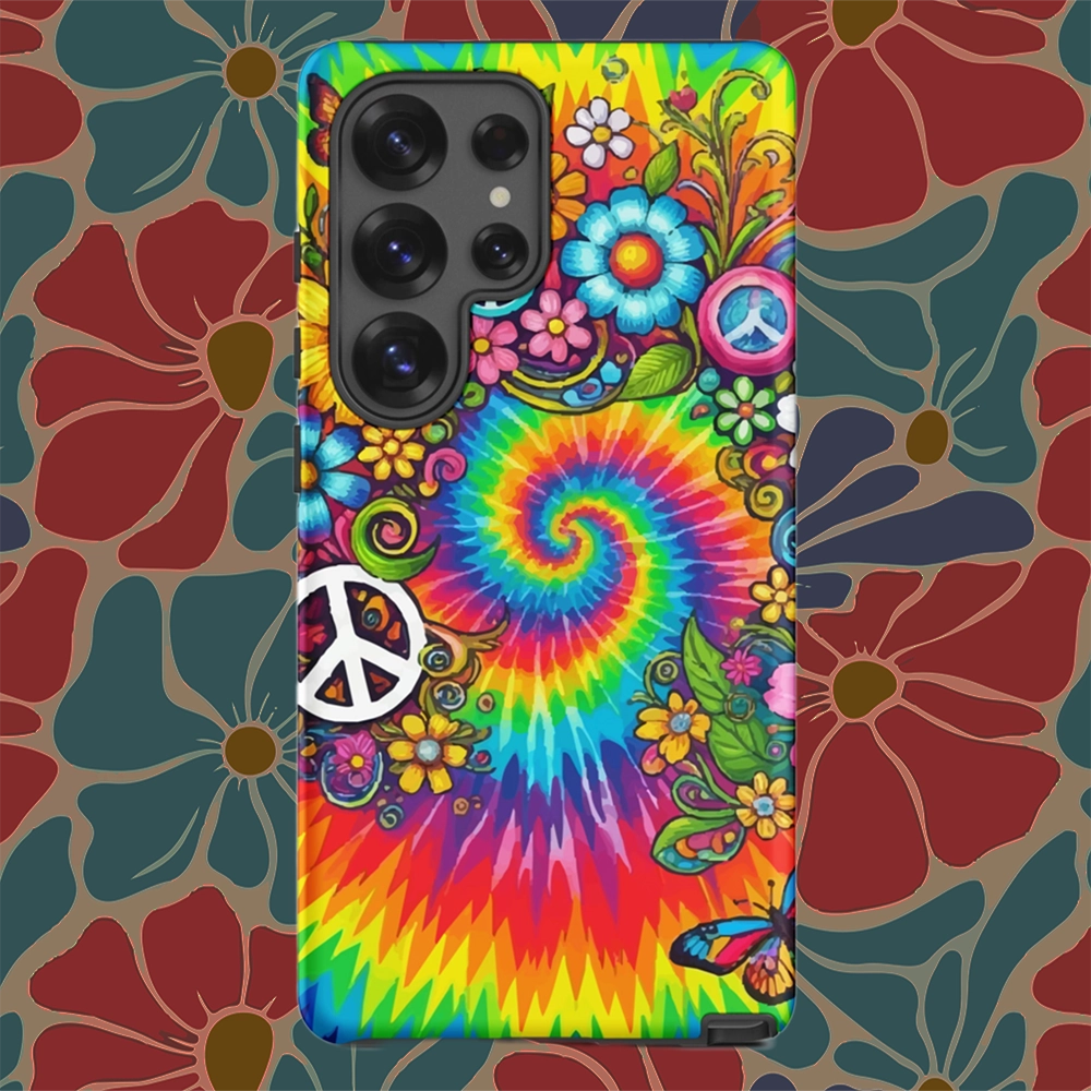 Vibrant psychedelic tie dye TPU Samsung case featuring retro floral patterns, butterflies, and white peace signs.