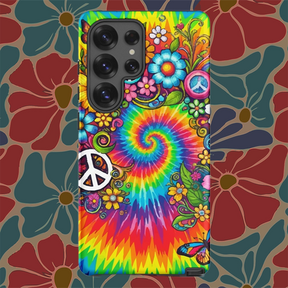 Vibrant psychedelic tie dye TPU Samsung case featuring retro floral patterns, butterflies, and white peace signs.
