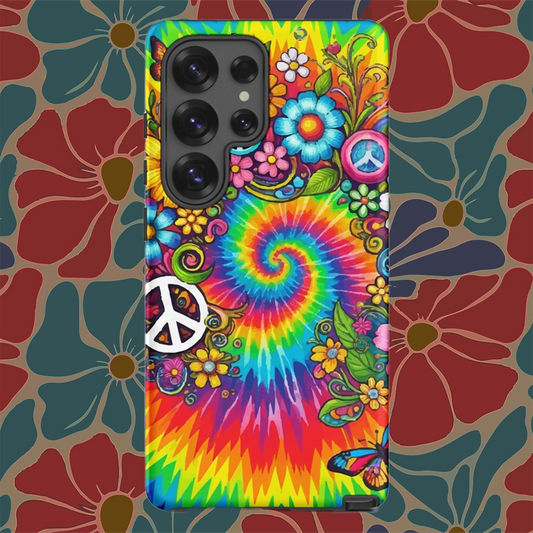 Vibrant psychedelic tie dye TPU Samsung case featuring retro floral patterns, butterflies, and white peace signs.