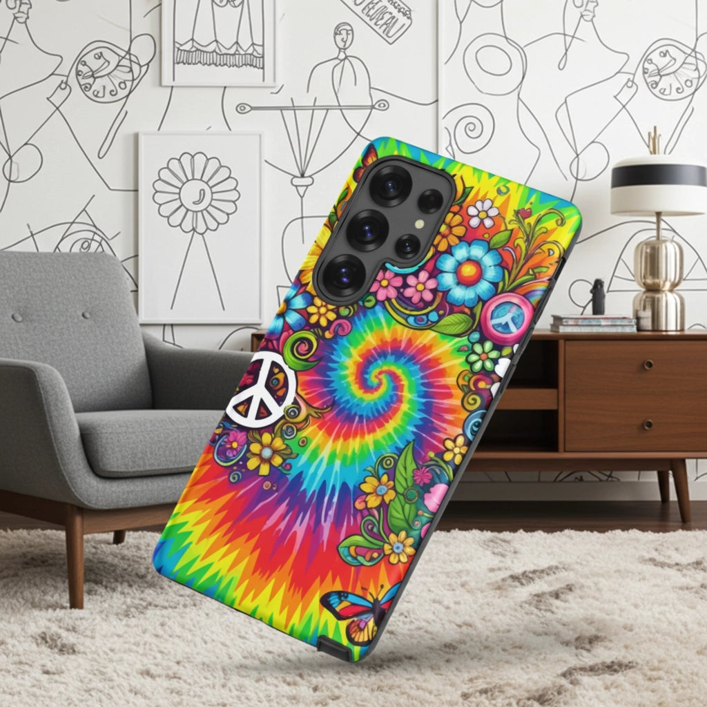 Vibrant psychedelic tie dye TPU Samsung case featuring retro floral patterns, butterflies, and white peace signs.
