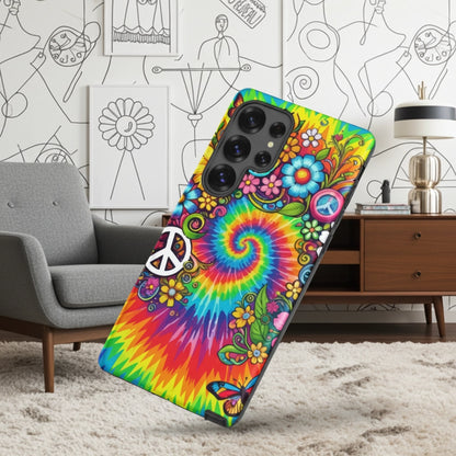 Vibrant psychedelic tie dye TPU Samsung case featuring retro floral patterns, butterflies, and white peace signs.