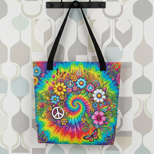 Vibrant psychedelic tie dye polyester tote bag featuring retro floral designs, butterflies, and white peace signs.