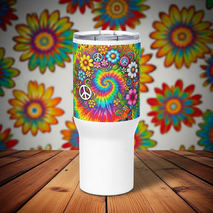 Vibrant psychedelic tie dye stainless steel travel mug featuring colorful retro flowers, butterflies, and peace signs.
