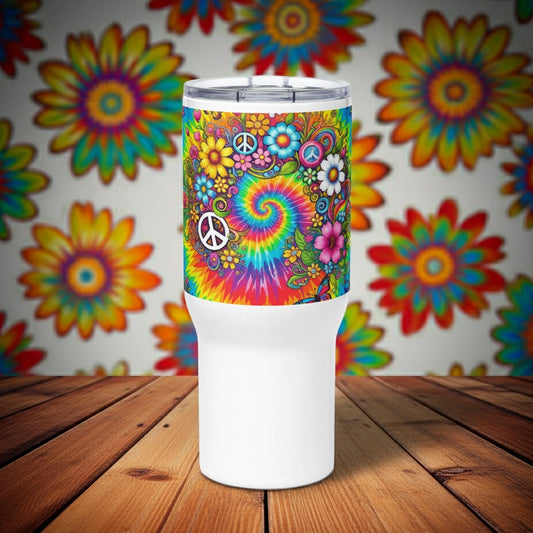 Vibrant psychedelic tie dye stainless steel travel mug featuring colorful retro flowers, butterflies, and peace signs.