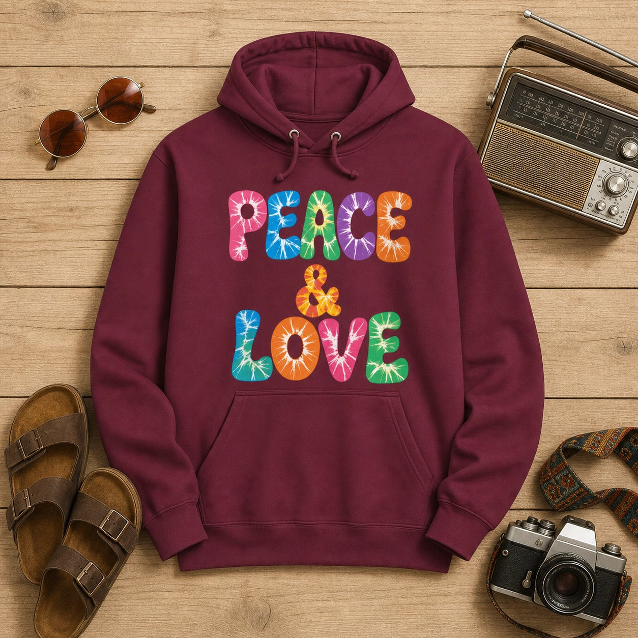 Retro tie-dye Peace and Love lettering printed on a black fleece hoodie pullover with vibrant 60s rainbow typography.