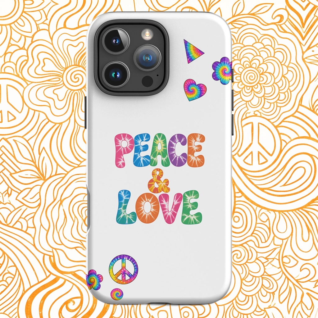 Retro tie-dye Peace and Love lettering TPU iPhone case with vibrant rainbow 60s hippie font on black protective cover.