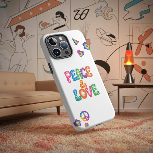 Retro tie-dye Peace and Love lettering TPU iPhone case with vibrant rainbow 60s hippie font on black protective cover.