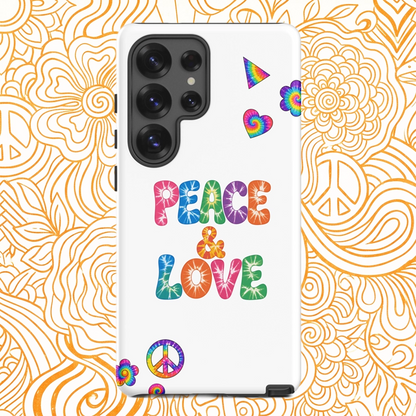 Retro tie-dye Peace and Love lettering TPU Samsung Galaxy case with vibrant rainbow 60s hippie font. faroutgoods