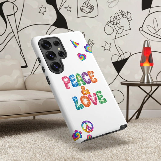 Retro tie-dye Peace and Love lettering TPU Samsung Galaxy case with vibrant rainbow 60s hippie font. faroutgoods