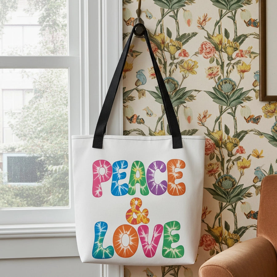 Retro tie-dye Peace and Love lettering printed on a reusable black polyester tote bag with vibrant 60s rainbow font.